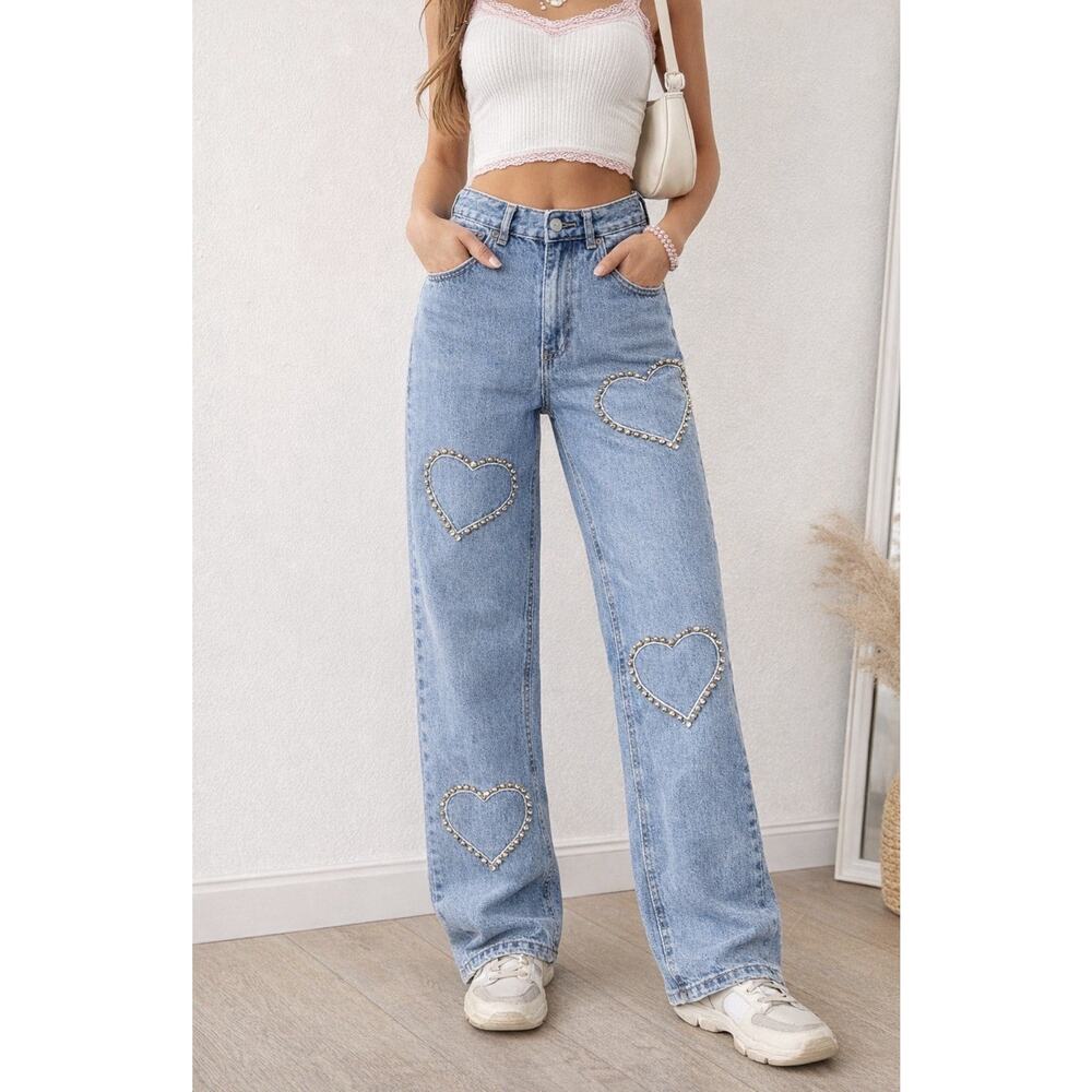CIDER Jeans XS Blue Wide Leg Rhinestone Heart Studded Denim Y2K Trend NWT